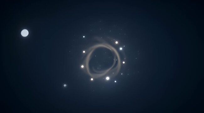 Ethereal glowing ring and orbs suspended in a dark cosmic sky panorama