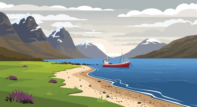 Red fishing boat in a serene fjord with snow-capped mountains, a sandy beach, and green fields under an overcast sky, an inviting vector landscape