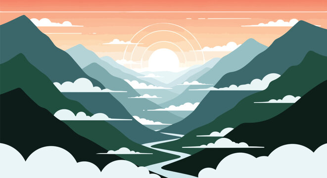 Serene layered mountain panorama at sunrise with a tranquil river meandering through valleys under a sky of warm hues and soft clouds a perfect