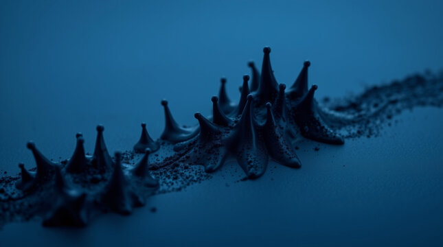 Abstract deep blue background with dense rows of spiked cone shapes covered in fine particles, creating a microscopic vi