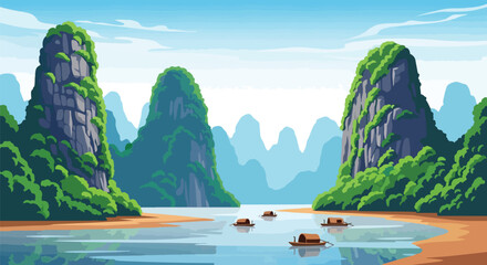 An immersive visual journey through serene Asian water landscape, showcasing majestic limestone formations rising from tranquil emerald waters under