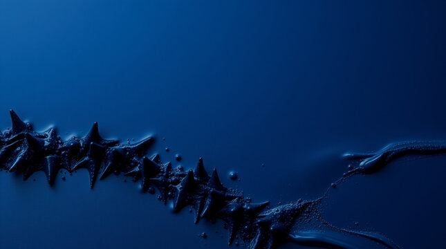 Sleek black fluid with sharp protrusions and tiny bubbles flows dynamically against a deep blue backdrop, creating an ab