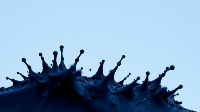 Deep blue liquid splashes dynamically forming sharp crown-like droplets against a light blue background capturing motion
