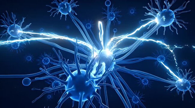 Intricate blue neuron network with electrical impulses, conveying connectivity and neural activity