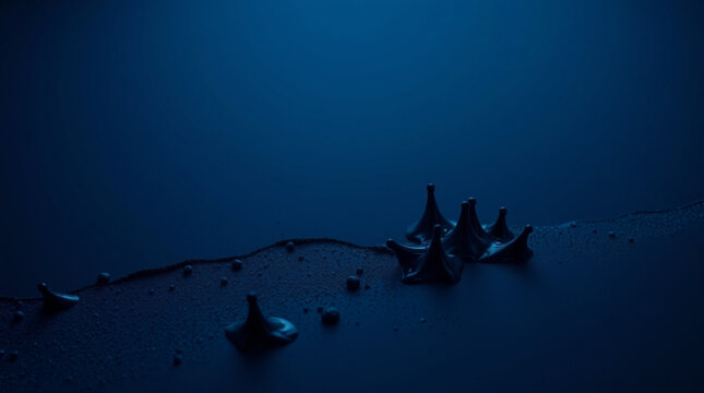 A deep blue abstract composition with textured undulating surfaces, dotted with cone-shaped protrusions, exuding a wet g
