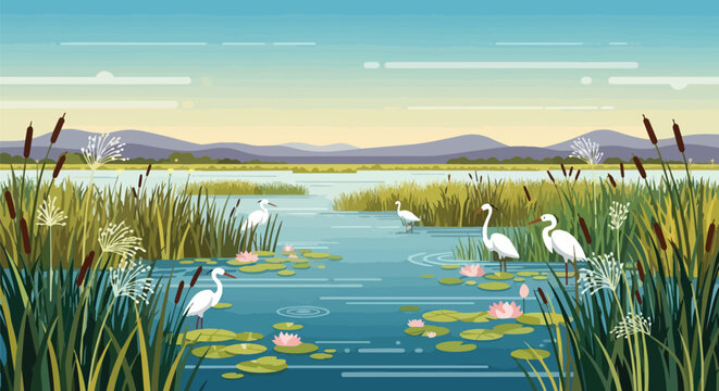 Serene wetland ecosystem with elegant white wading birds and vibrant water lilies under a peaceful sky