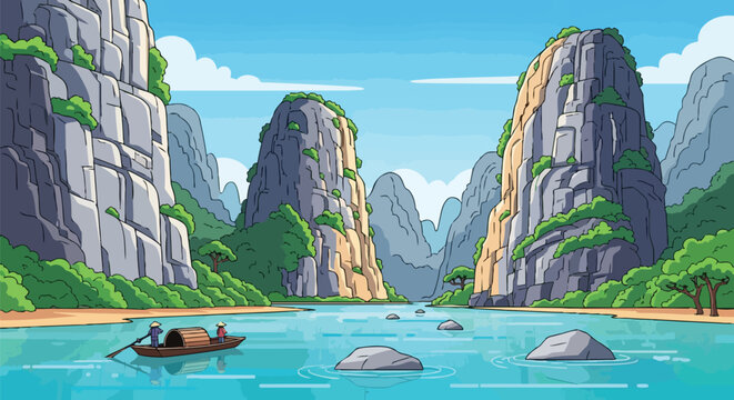 Vibrant Cartoon Illustration of Serene Asian River Landscape with Majestic Karsts and Traditional Boat