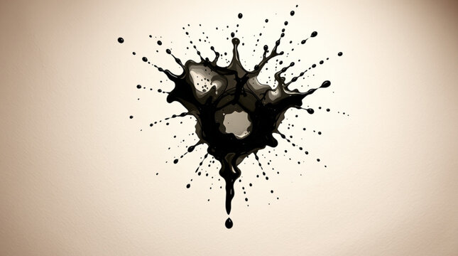 Black ink splashes dynamically on a beige background, creating abstract radial patterns with reflective center and vario