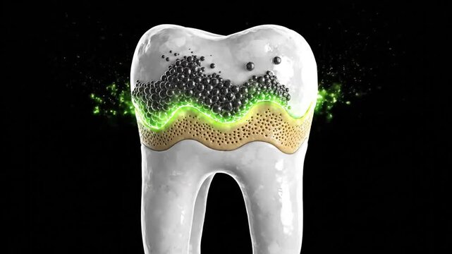3D animation of a tooth with plaque and bacteria being cleaned by a glowing green substance, representing advanced dental care and oral hygiene.