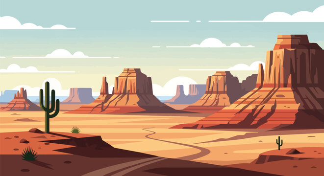 Expansive western desert vista with majestic mesas and iconic saguaro cacti under a vast sky