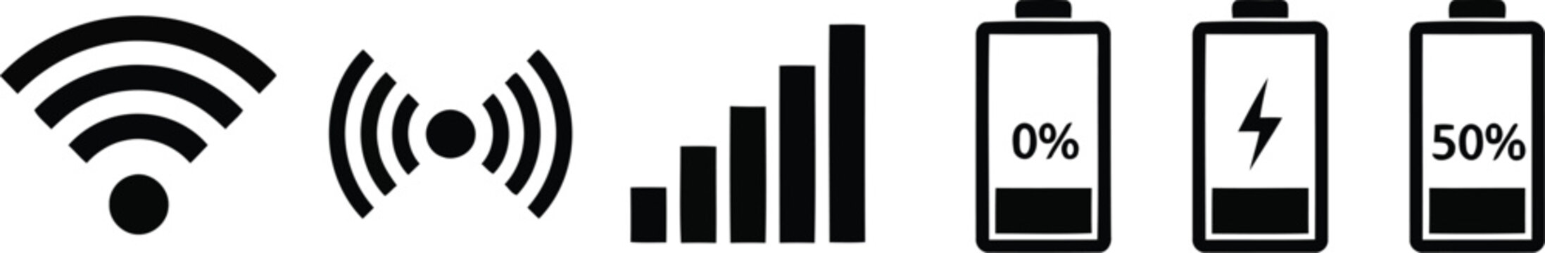 Modern Icons Set: WiFi, Signal Bars, Battery Levels for UI Design