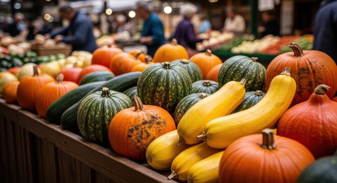 Fresh pumpkins and yellow squash displayed on wooden stall at autumn farmers market