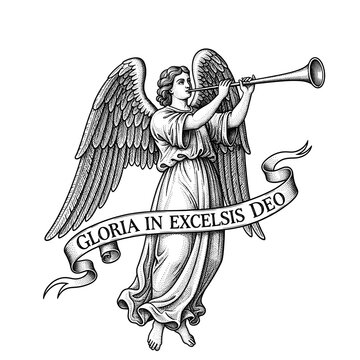 Black and white engraving of a glorious angel proclaiming 'Gloria in Excelsis Deo' with a trumpet