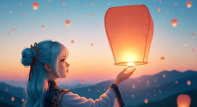 Young woman holding glowing red paper lantern at sunset with floating sky lanterns