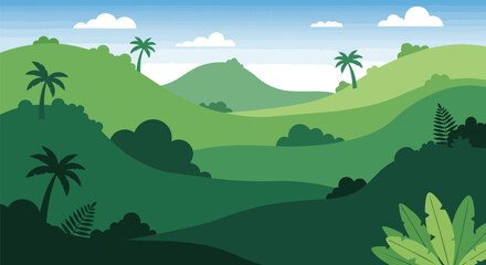 Obraz premium Stylized tropical landscape with green hills, palm trees, and clouds.