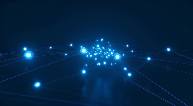 Abstract glowing network of interconnected nodes with a vibrant blue illumination