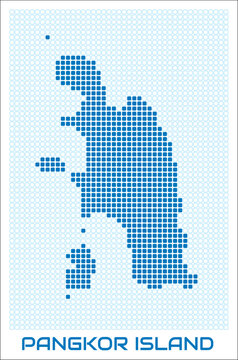 Pangkor Island digital style map with blue rounded rectangle dots. Malaysia. Dotted boundary shape. Pangkor Island blue colored map and title on white background. Stylish Vector Illustration.