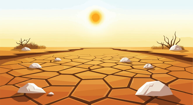 Vibrant illustration of an arid desert landscape under a scorching sun. The ground shows deep cracks, a clear sign of extreme drought and water