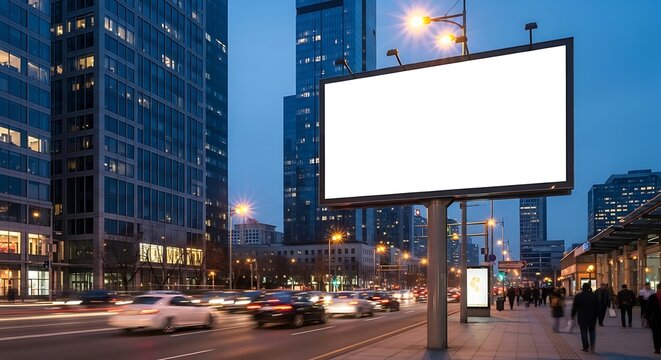 Blank billboard in cityscape at dusk with traffic and skyscrapers