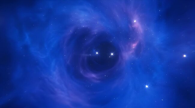 Dramatic cosmic whirlpool swirling through a blue and purple nebula with bright stars