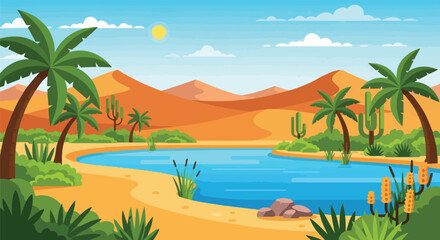 Obraz premium Exquisite animated desert oasis illustration displaying graceful palm trees, a tranquil blue lake, sweeping golden sand dunes, and vibrant desert