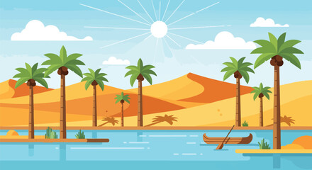 Obraz premium Vibrant desert oasis illustration featuring towering palm trees beside tranquil blue waters with a small boat, sun-drenched sand dunes, and a clear