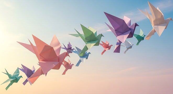 Colorful origami cranes flying in a gradient sky