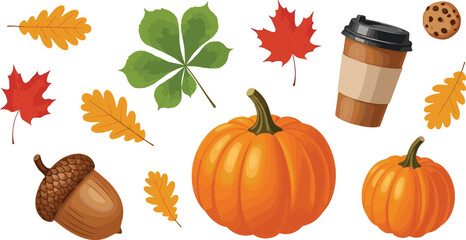 Autumn elements set with pumpkins leaves acorn coffee cup and fall seasonal objects vector illustration collection © Kharshad Creative