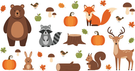 Fototapeta premium Autumn forest animals collection with bear fox deer raccoon squirrel and fall elements cartoon vector illustration set