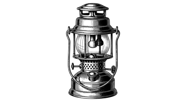 Detailed Vintage Engraving of an Old-Fashioned Kerosene Lantern for Classic Illumination Art