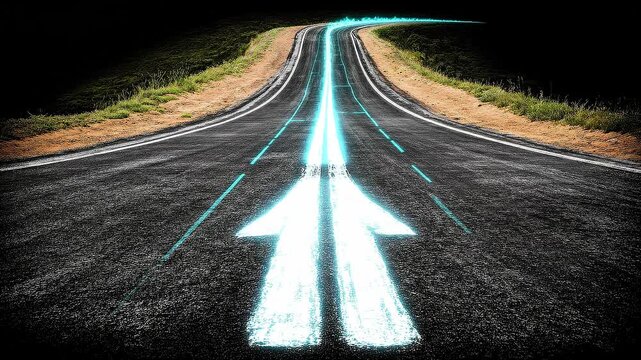 Rising business roadmap highway transforming into strategic forward arrow representing AI driven project direction