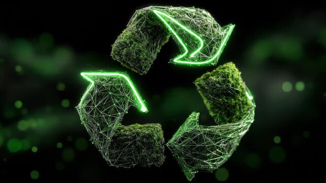 Digital sustainability ecosystem symbol combining circular economy recycling loop with ecological technology networks.