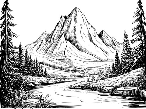 Mountain Landscape with Winding River and Pine Trees White Background