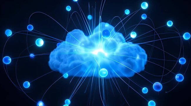 futuristic cloud computing network with glowing blue spheres and interconnected connections