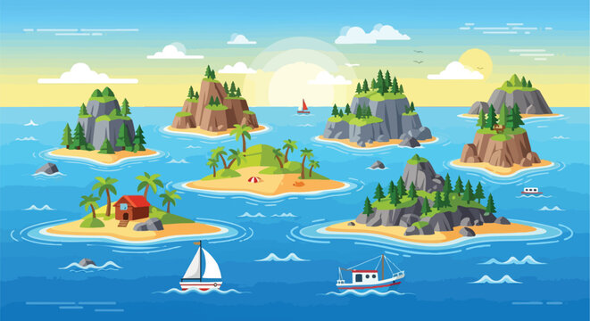 Cartoon seascape featuring a vibrant island archipelago with various boats and lush tropical nature under a bright sky