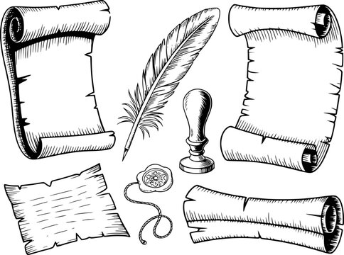 Vintage quill pen wax seal and parchment scrolls white background feather