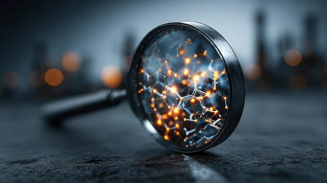 Magnifying glass revealing color coded carbon emission data network for environmental analytics and sustainability monitoring.