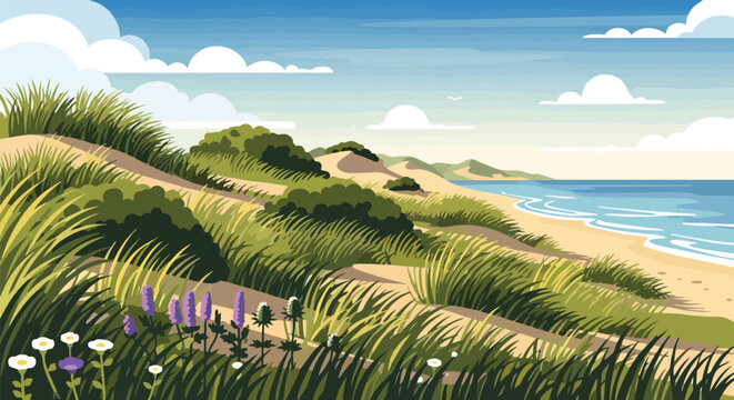Vibrant coastal landscape illustration with rolling sand dunes, wild beach grass, and wildflowers under a clear blue sky