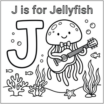 Jellyfish playing guitar with fish and seaweed in ocean  educational illustration for kids learning alphabet