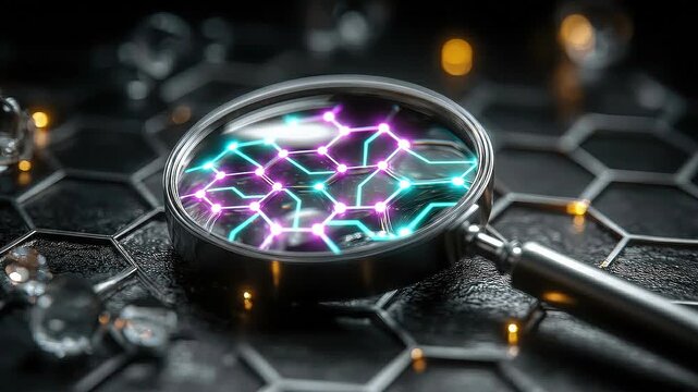 Magnifying glass revealing carbon lattice hotspot analysis representing advanced carbon insights and emissions monitoring systems.