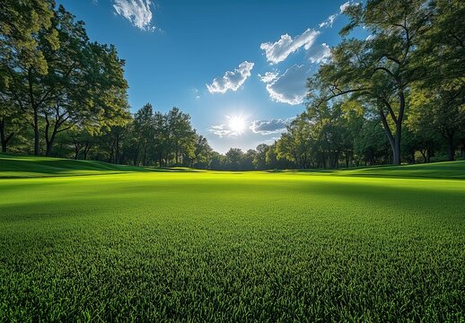 Serene summer landscape illustration featuring a vast, lush green grass field with trees against a bright blue sky background. Ideal park or golf course scene, perfect for website headers, travel broc