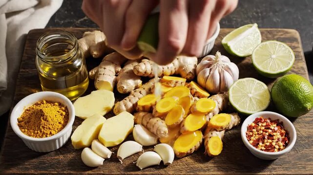 Fresh Turmeric Root Slices On Board, Hands Squeezing Lime Over Ginger And Garlic, Jar Of Oil And Bowl Of Chili Flakes, Turmeric Powder And Clove Accents, Warm Rustic Kitchen Light, Herbal Wellness.