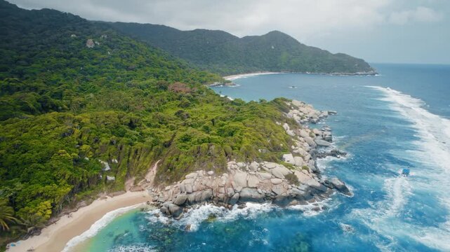 Aerial of Tayrona Park Coastline: Tropical Beach, Ocean & Lush Mountai
