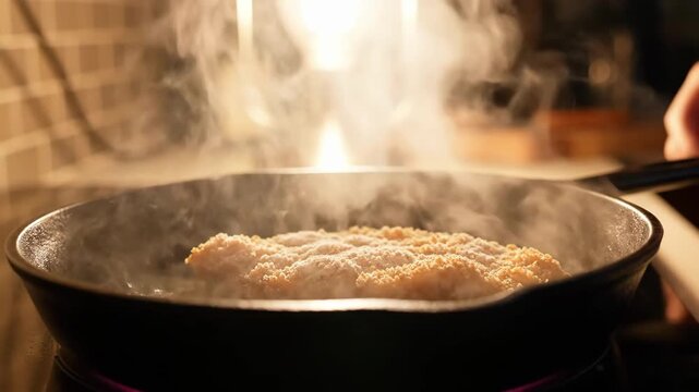 Closeup Hands Placing Breaded Cutlet Into Sizzling Pan, Steam Rising In Warm Moody Kitchen, Golden Crust Forming As Oil Sizzles, Intimate Tactile Cooking Moment Focused On Crisp Texture And Savory.