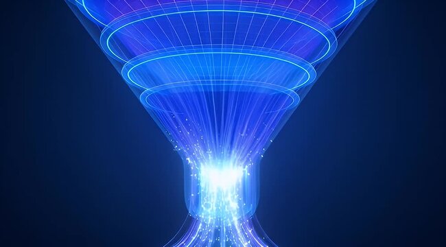 Abstract blue funnel with glowing particles for data analysis or filtration