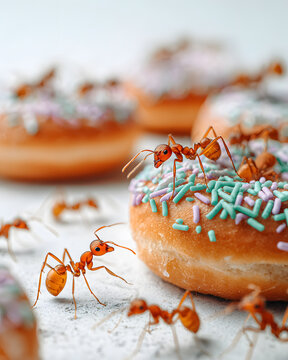 Ants invade colorful donuts kitchen food playful close-up