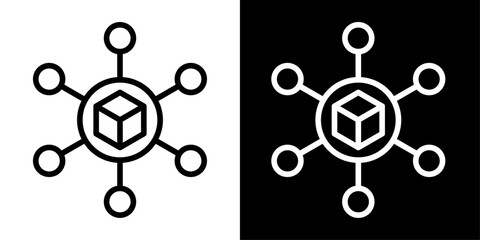 Logistics network icon featuring connected nodes around package representing supply chain, distribution system, shipping network and global logistics. © Muhammad