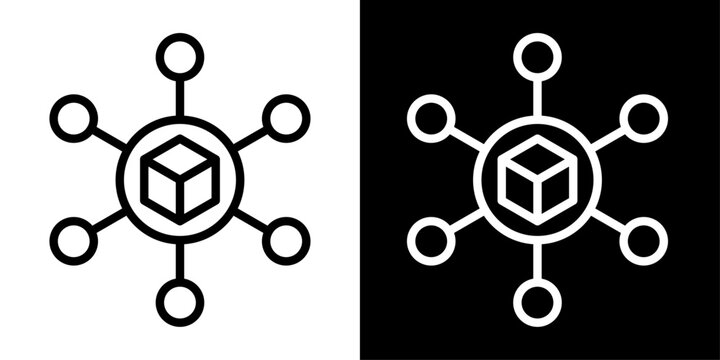 Logistics network icon featuring connected nodes around package representing supply chain, distribution system, shipping network and global logistics.