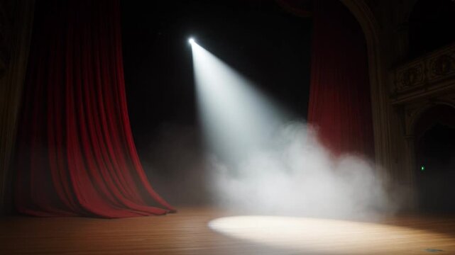 A bright spotlight shines through the dark theater onto a stage with red curtains and a blue night