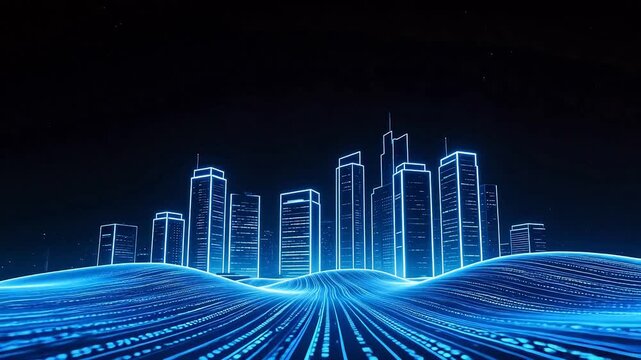 Futuristic city skyline with digital waves